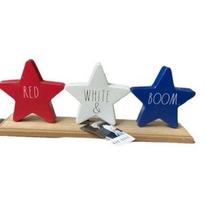 Rae Dunn Red White & Boom Stars Metal Sign with Wood Base